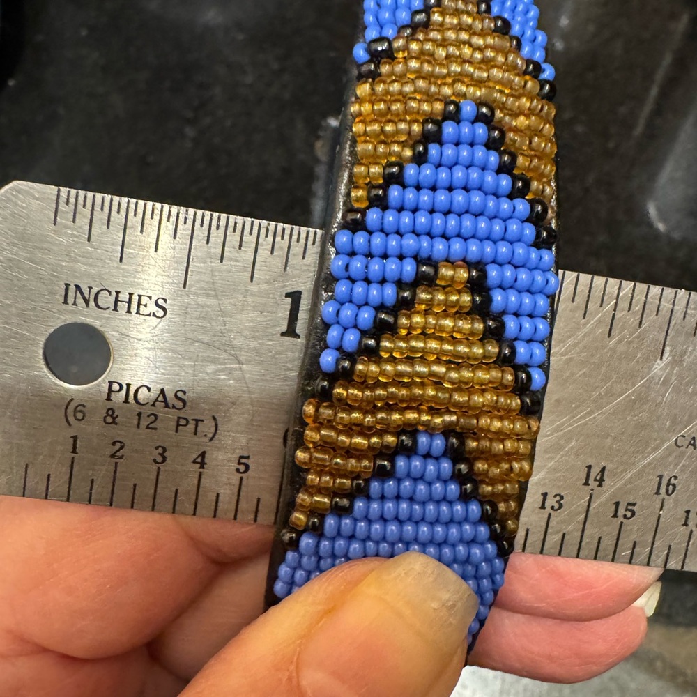 Blue and Bronze 1 inch wide Beaded Headband. 4.75in wide/15.25in circumference